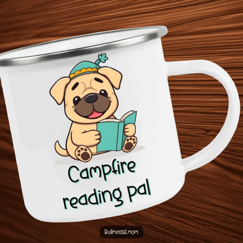 Funny Bookish Bullmastiff Camping Mug: A smiling Bullmastiff in a hat reads a book, bringing literary charm to outdoor adventures.