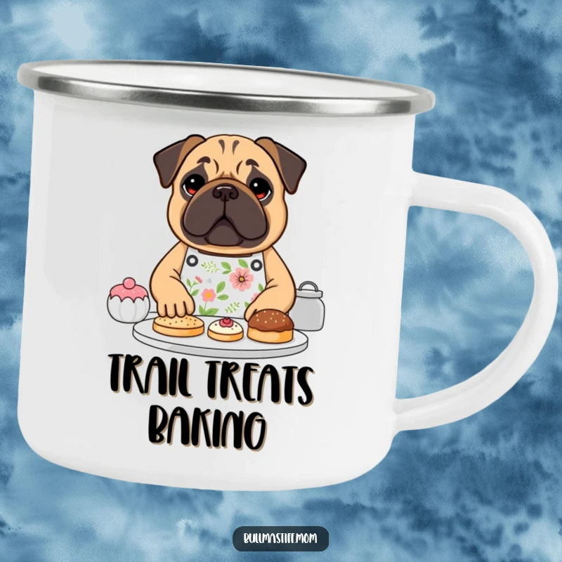 Funny Bullmastiff dog wearing a floral apron, happily baking pastries, on a sturdy camping mug, a humorous gift.