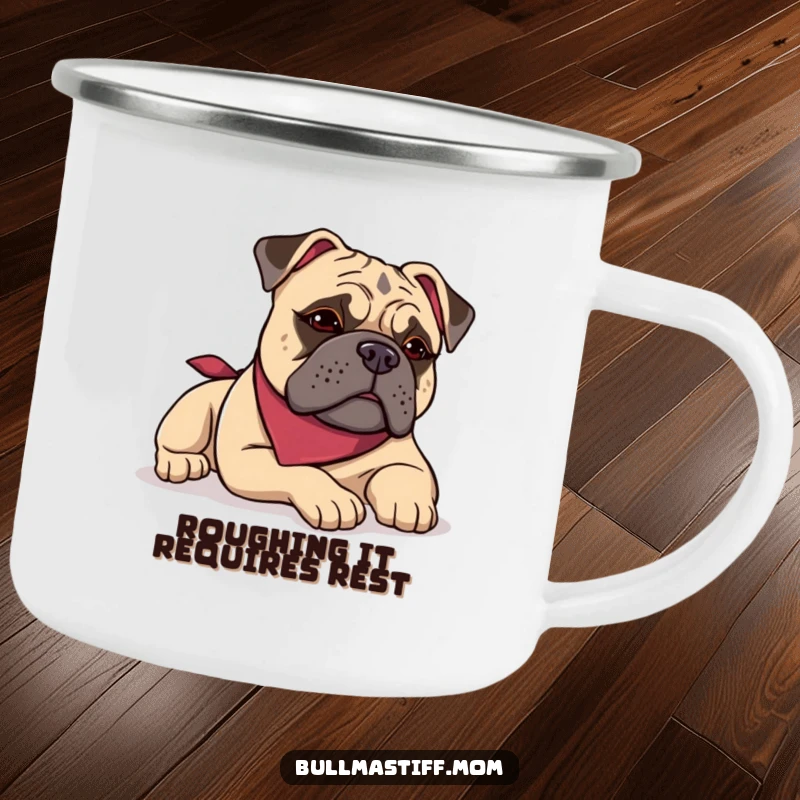Funny Bullmastiff camping mug featuring a dog in a bandana lounging with a satisfied sigh, perfect for outdoor lovers.