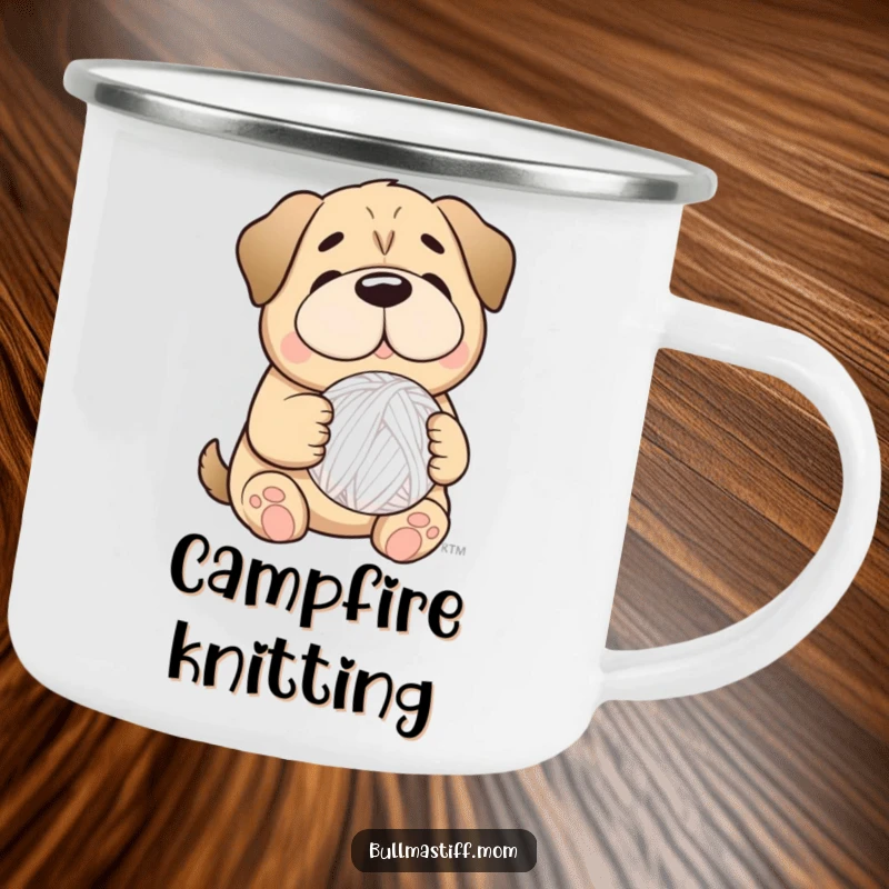 Funny Bullmastiff dog smiling and holding a yarn ball, on a durable camping mug for outdoor enthusiasts.