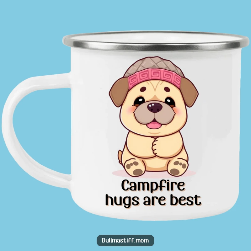 Funny Bullmastiff Camping Mug: Cheerful Hugs, Rugged & Humorous Dog Gift