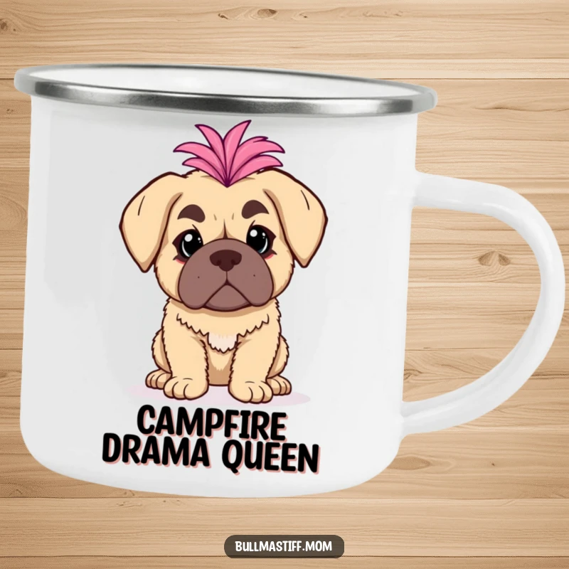Funny Bullmastiff Camping Mug: A bullmastiff with a fluffy boa poses dramatically, perfect for outdoor glamour.