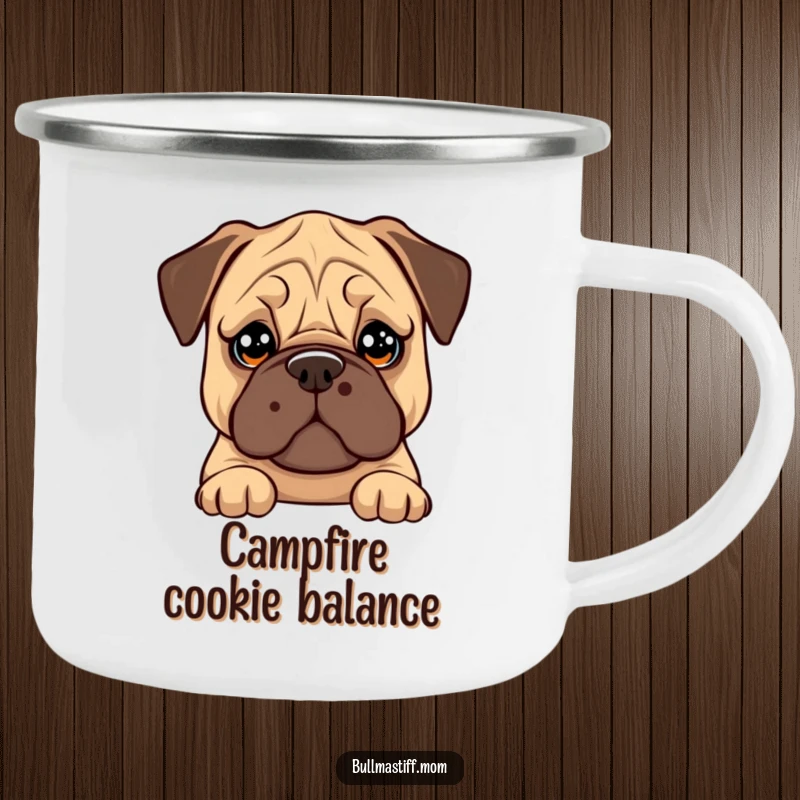 Funny Bullmastiff camping mug showing a dog with big, soulful eyes trying to balance a cookie on its nose.