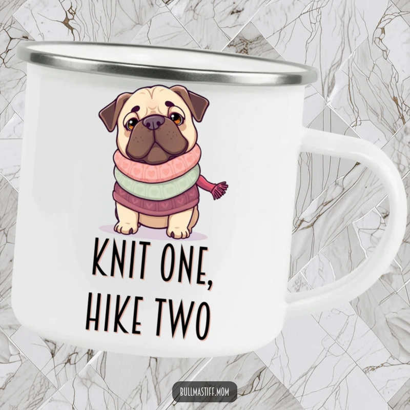 Funny Bullmastiff knitting a scarf in a sweater, perfect for a camping mug, humorous and rugged.