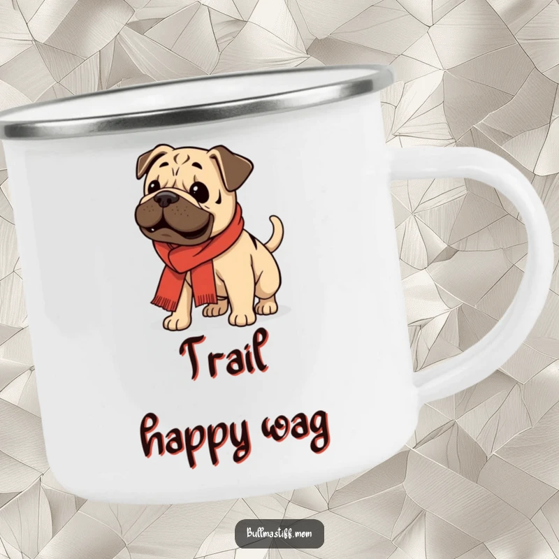 Funny Bullmastiff in a scarf, wagging its tail enthusiastically, on a durable camping mug.