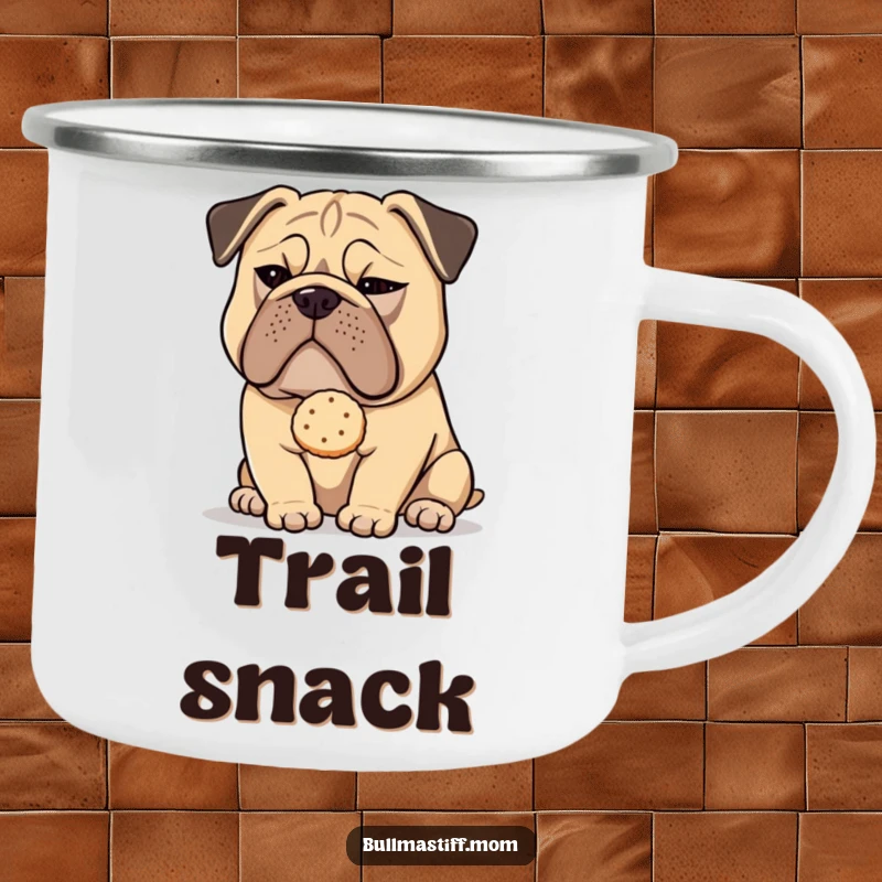 Funny Bullmastiff dog with a sly wink offering a tea biscuit, ready for outdoor adventures on this camping mug.