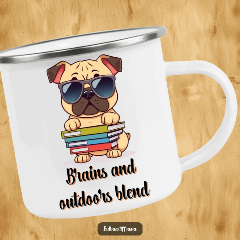 Funny Bullmastiff Camping Mug: Dog with sunglasses balancing books, perfect for smart sips in the great outdoors.