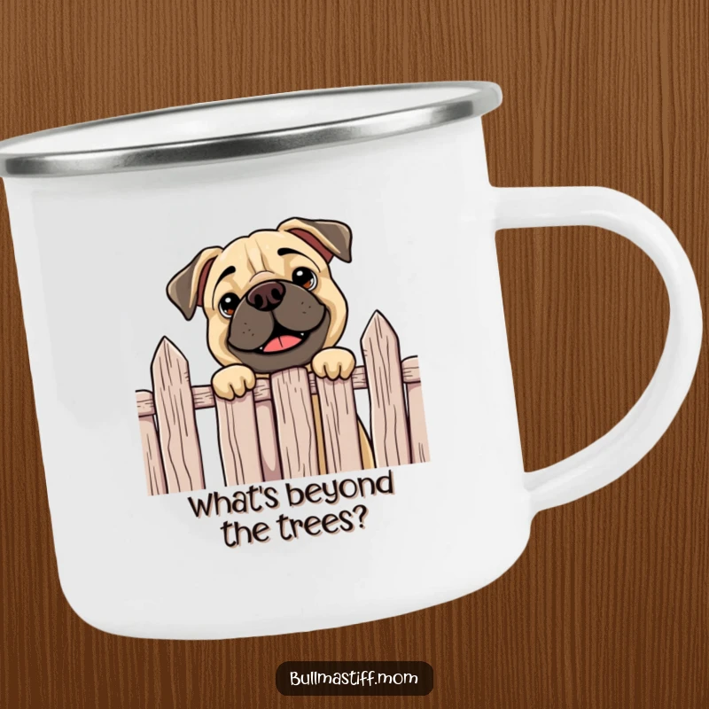 Funny Bullmastiff camping mug featuring a curious dog happily peeking over a fence, perfect for humorous outdoor enjoyment.