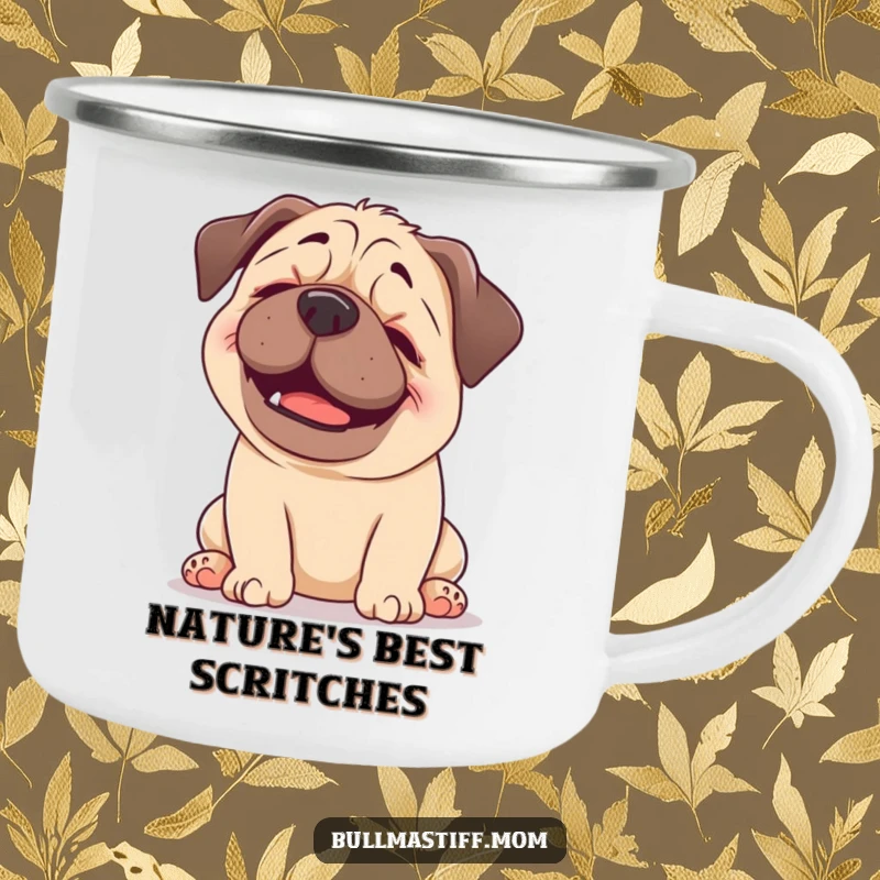 Funny Bullmastiff camping mug featuring a happy dog blissfully enjoying a gentle head scratch, perfect for humorous outdoor enjoyment.