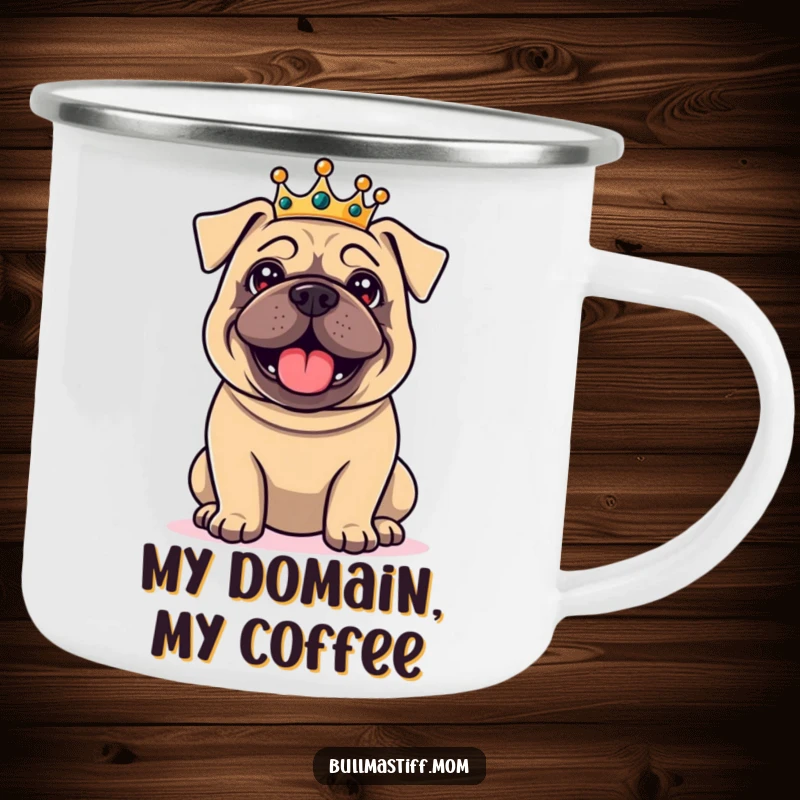 Funny Bullmastiff camping mug featuring a delighted dog wearing a small crown, looking regal and ready for adventure, a humorous outdoor cup.