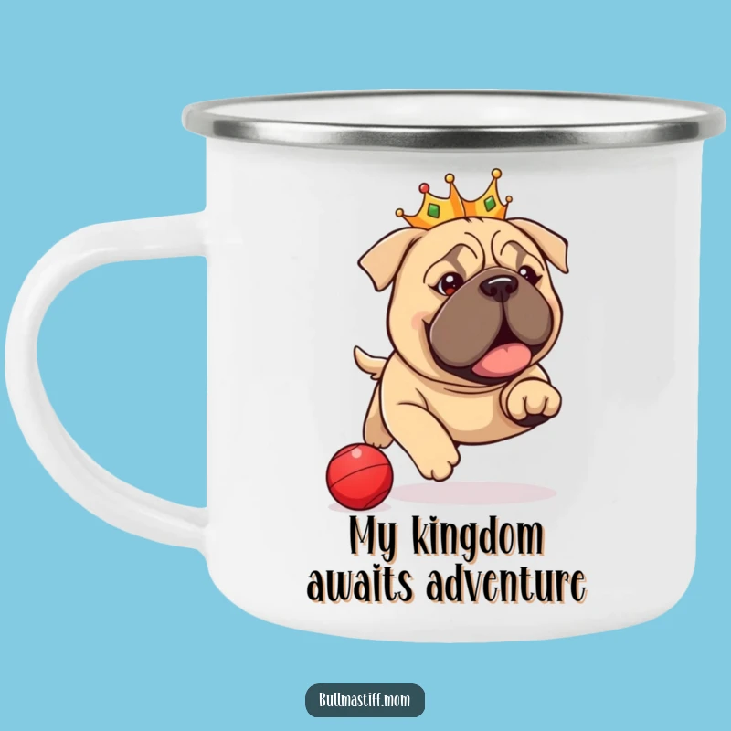 Funny Bullmastiff Crown Camping Mug: Regal Pup Chasing Ball Outdoors, Funny Gift