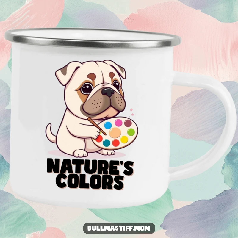 Funny Bullmastiff artist camping mug with a happy dog holding a paint palette, ideal for outdoor art.