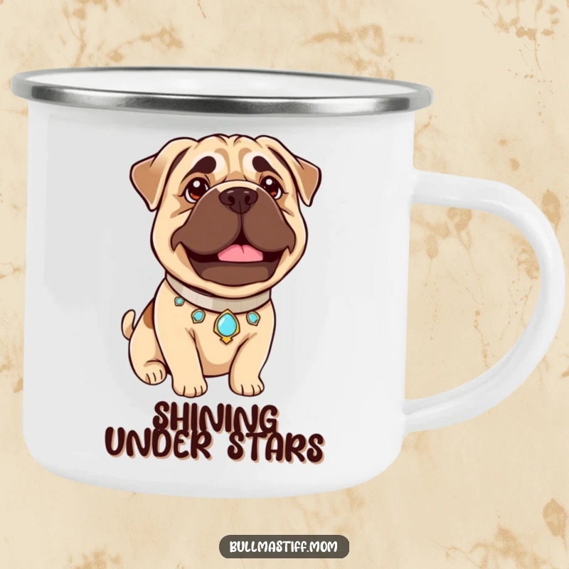 Funny Bullmastiff Pride Camping Mug: A proud Bullmastiff in a jeweled collar beams gently, perfect for outdoor pride.