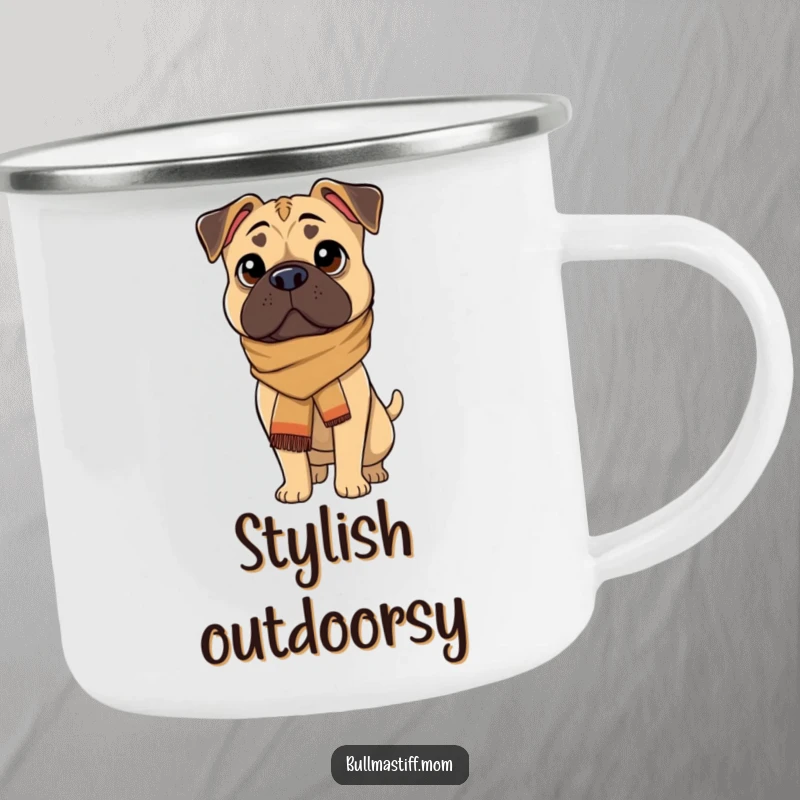 Funny Bullmastiff dog wearing a scarf, looking sophisticated, on a durable camping mug for outdoor use.