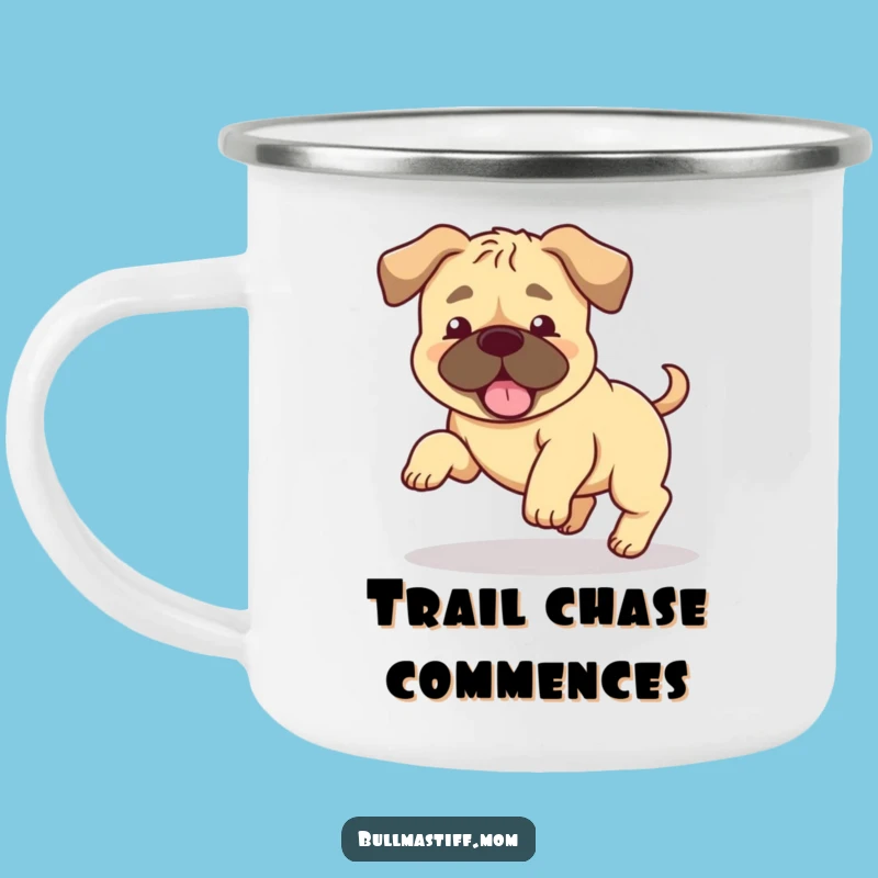 Funny Bullmastiff Tail Chase Camping Mug: Outdoor Fun, Hilarious Dog Action, Perfect Gift