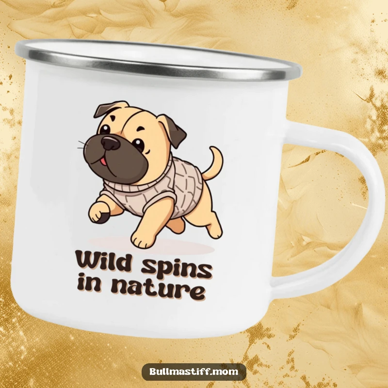 Funny Bullmastiff camping mug with a dog in a sweater playfully chasing its tail, perfect for outdoor beverages.