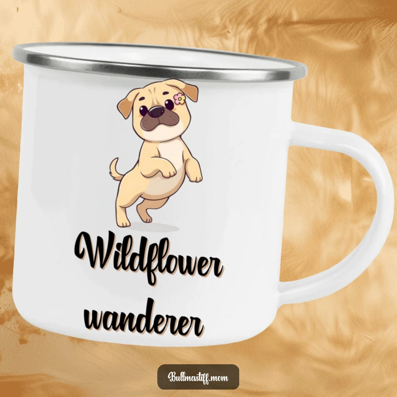 Funny Bullmastiff camping mug featuring a dog with a flower in its ear, prancing gracefully, perfect for outdoor trips and dog enthusiasts.