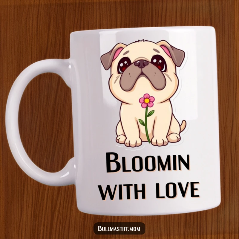 Adorable Bullmastiff mug with a small flower in its fur, looking up adoringly, embodying sweet and loving devotion.