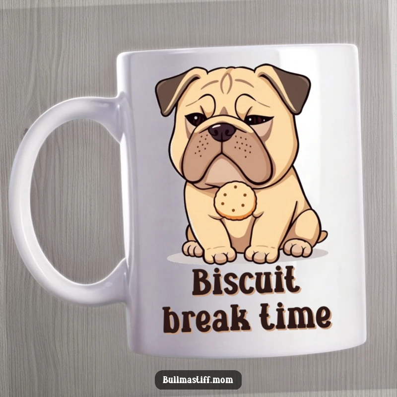 Funny Bullmastiff dog with a sly wink offering a delicate tea biscuit, featured on a humorous mug.