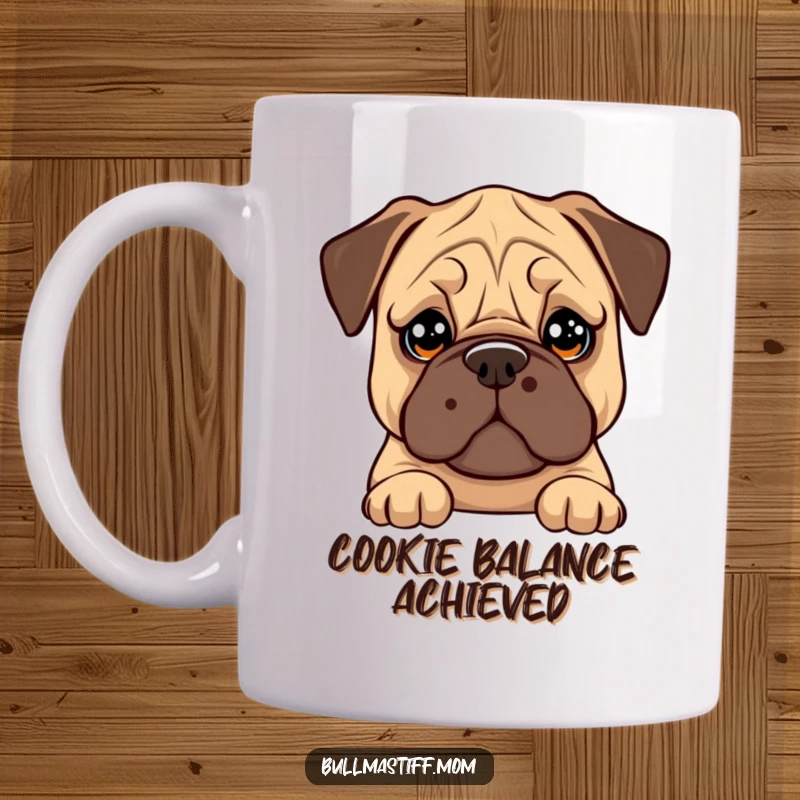 Funny Bullmastiff mug showing a dog with big, soulful eyes attempting to balance a cookie on its nose.