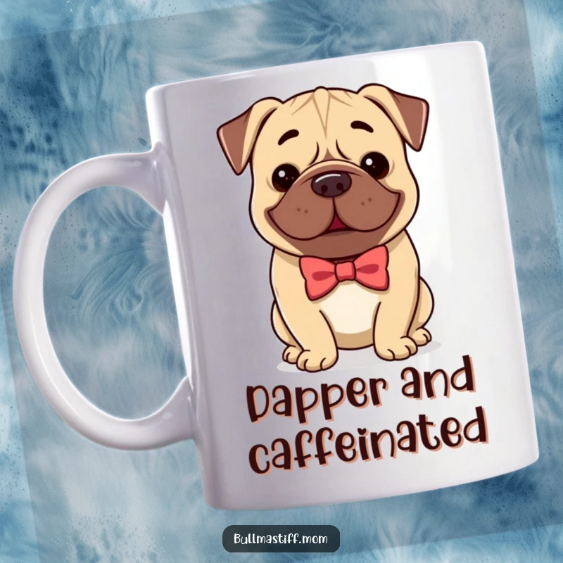 Funny Bullmastiff mug with a dog wearing a neat bow tie, smiling gently, exuding charm and class.
