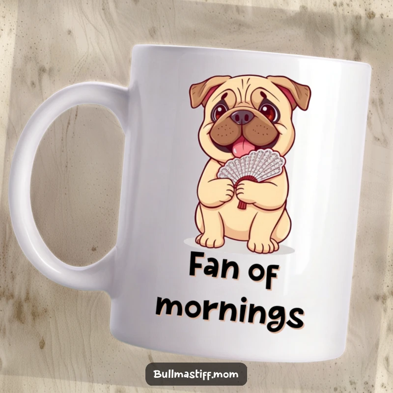 Funny Bullmastiff dog with a happy expression balancing a fancy lace fan on its head, featured on a mug.