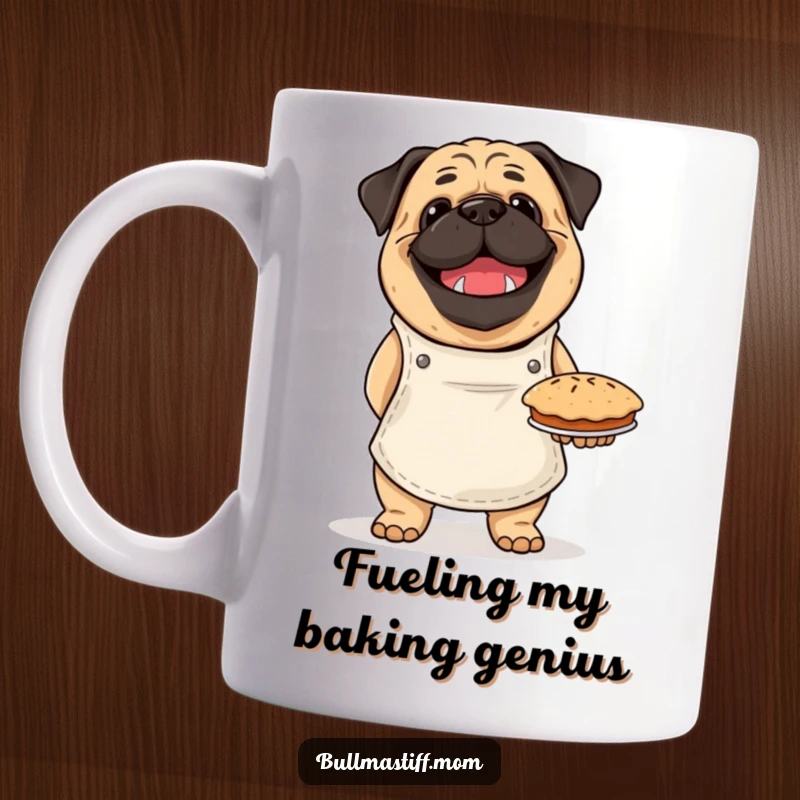 Funny Bullmastiff mug showing a happy dog wearing an apron, proudly holding a freshly baked pie, ready to serve.