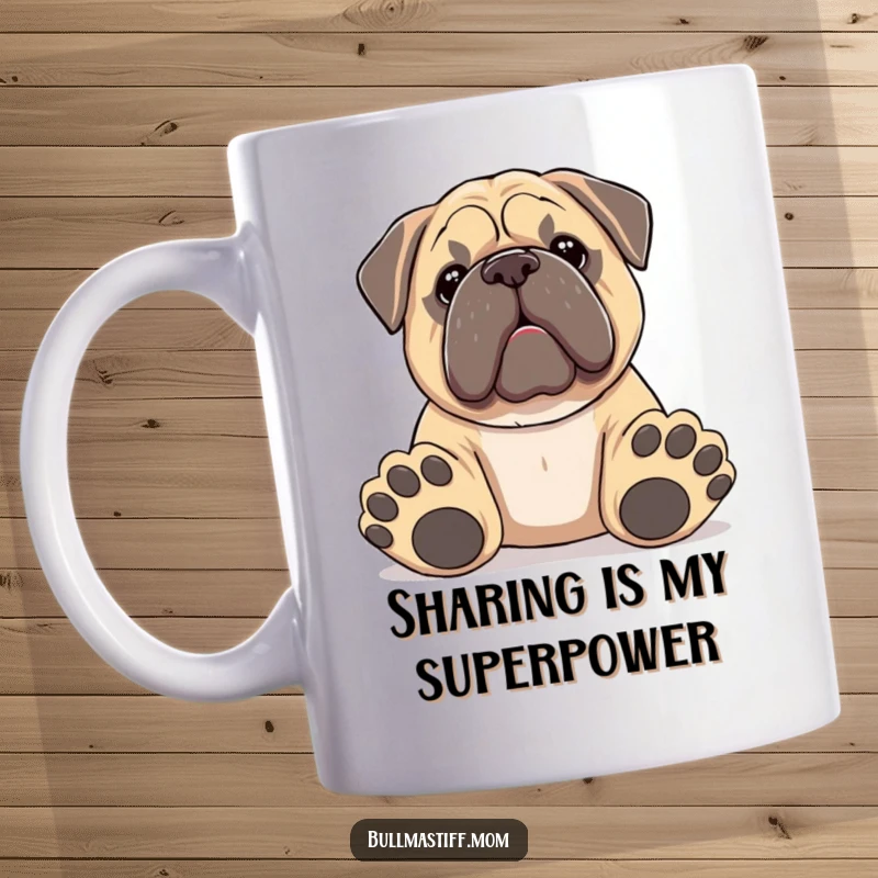 Funny Bullmastiff mug featuring a dog with big paws offering a toy, a heartwarming gesture for dog lovers.