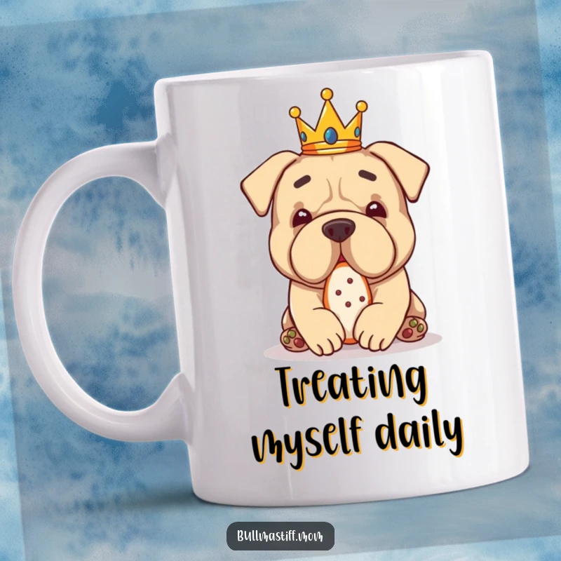 Funny Bullmastiff wearing a small crown, happily eating a treat with a look of pure bliss.