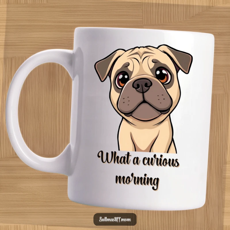 Funny Bullmastiff mug showing a dog tilting its head with bright, curious eyes, looking endearing and inquisitive.