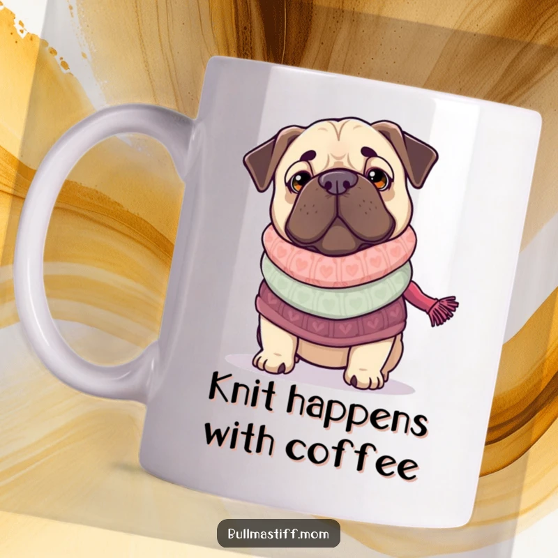 Funny Bullmastiff knitting a scarf in a cozy sweater, a humorous and heartwarming scene for dog lovers.