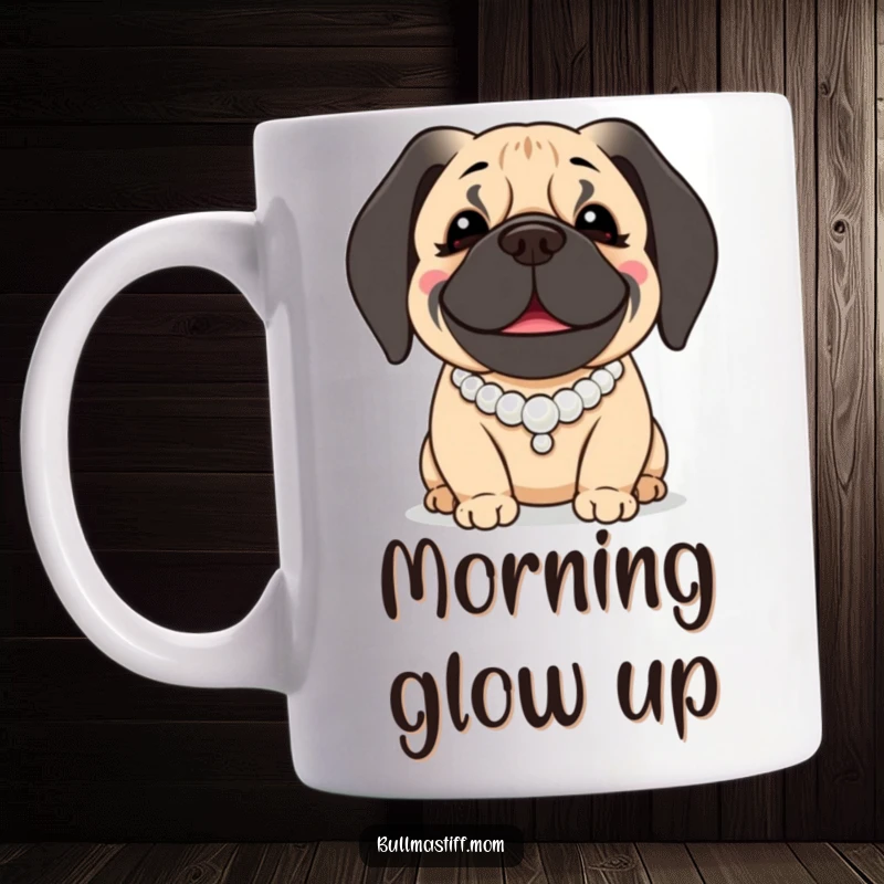 Funny Bullmastiff Mug: A smiling Bullmastiff dog wears an elegant pearl necklace, exuding gentle charm.