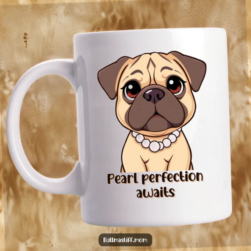 Funny Bullmastiff Mug showing a large dog with big, kind eyes wearing an elegant pearl necklace, embodying gentle charm and humor.