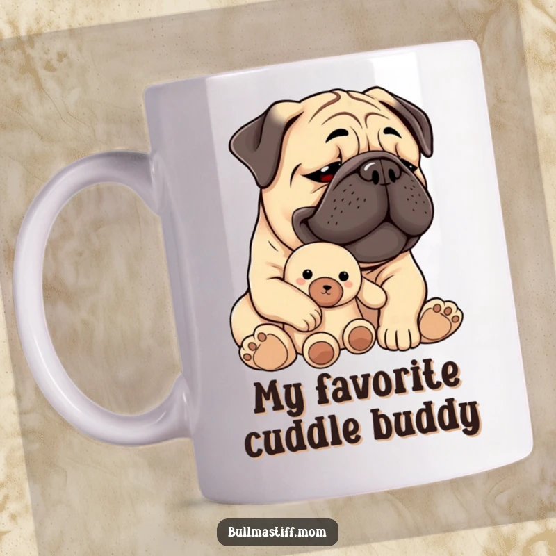 Funny Bullmastiff mug depicting a large dog looking content and cherished while holding a plush toy.