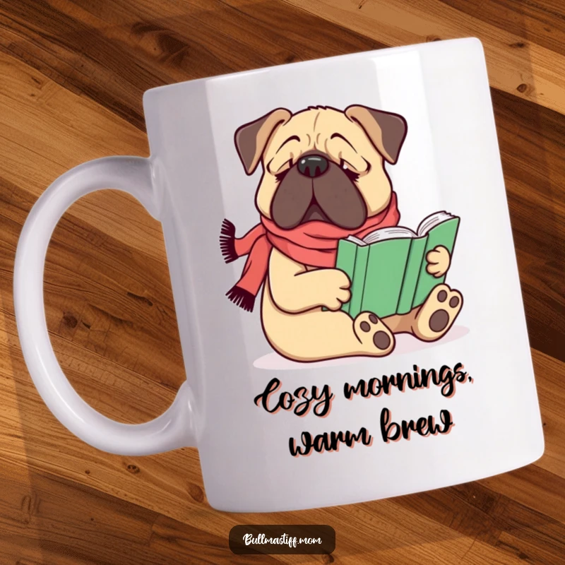 Funny Bullmastiff dog wearing a scarf, comfortably reading a book, on a mug, ideal for a funny gift.