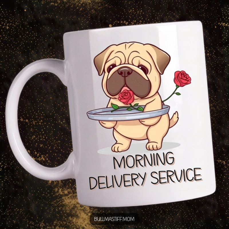 Funny Bullmastiff mug featuring a dog carefully carrying a tray with a single rose, symbolizing devotion and humor.