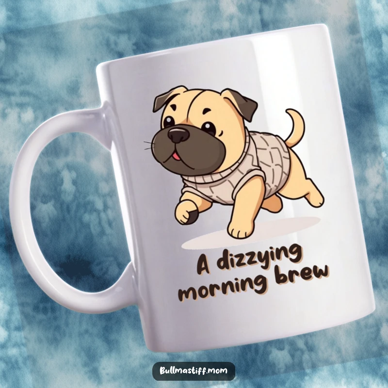 Funny Bullmastiff mug featuring a dog in a sweater playfully chasing its own tail in a circle.