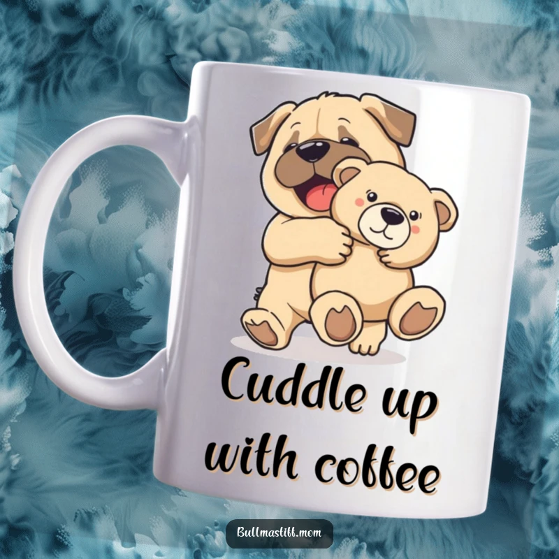 Funny Bullmastiff character joyfully carrying a large, fluffy teddy bear, radiating happiness and warmth.