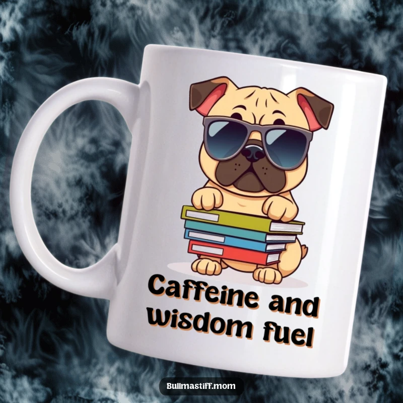 Funny Bullmastiff Mug: A dog wearing oversized sunglasses expertly balances books, exuding cool confidence and intelligence.