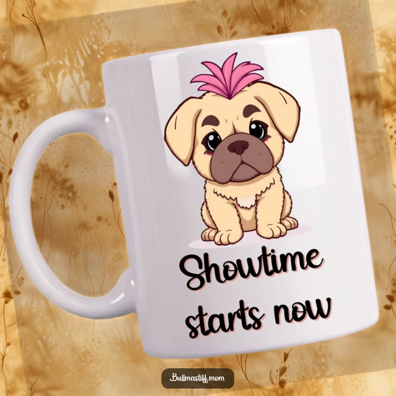 Funny Bullmastiff Mug: A bullmastiff poses dramatically with a fluffy boa, exuding diva energy.
