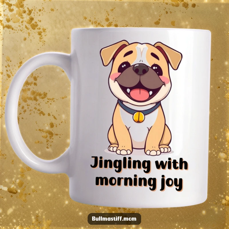 Funny Bullmastiff Mug: A Bullmastiff with a wide, joyful smile wears a small bell collar, radiating pure happiness.