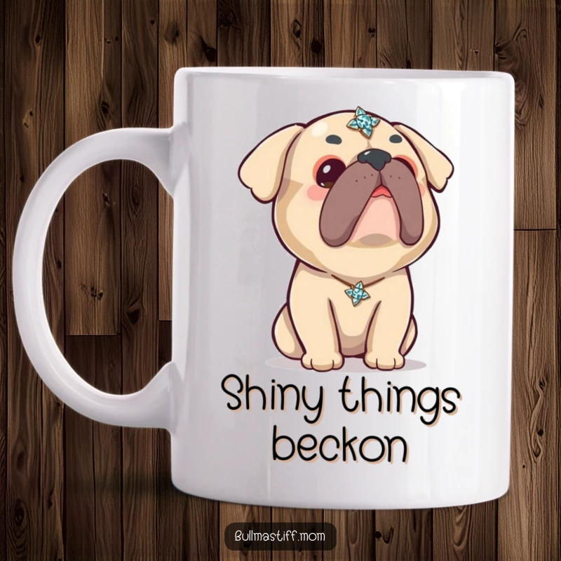 Funny Kawaii Bullmastiff Mug: An adorable, cute Bullmastiff looks up with wide, curious eyes at a sparkling brooch, full of wonder.