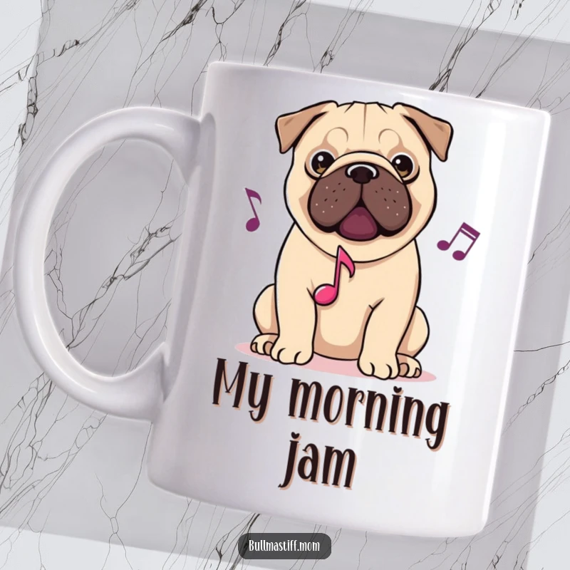 Funny musical Bullmastiff dog mug, a dog surrounded by musical notes, enjoying a melody with a happy expression.
