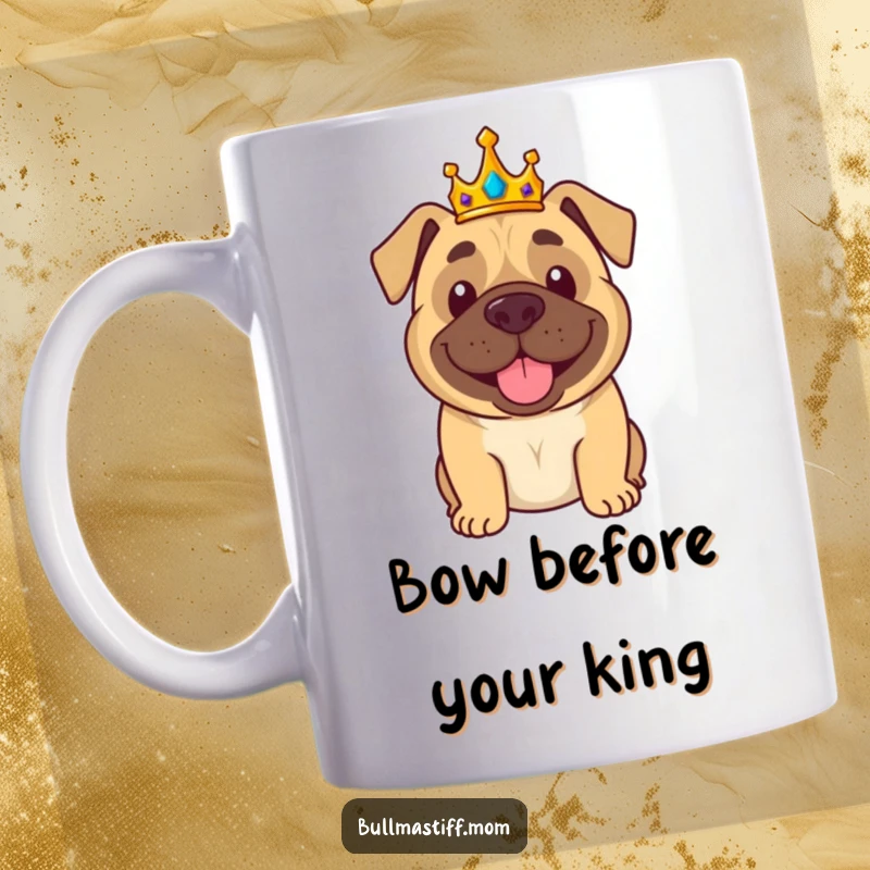 Funny Bullmastiff Mug: A smiling bullmastiff wearing a crown waves regally, exuding royal charm.