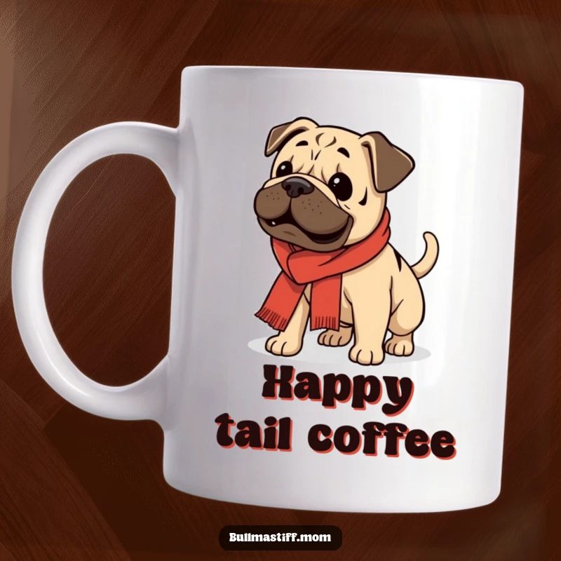 Funny Bullmastiff wearing a scarf, wagging its tail with pure enthusiasm and joy, on a mug.