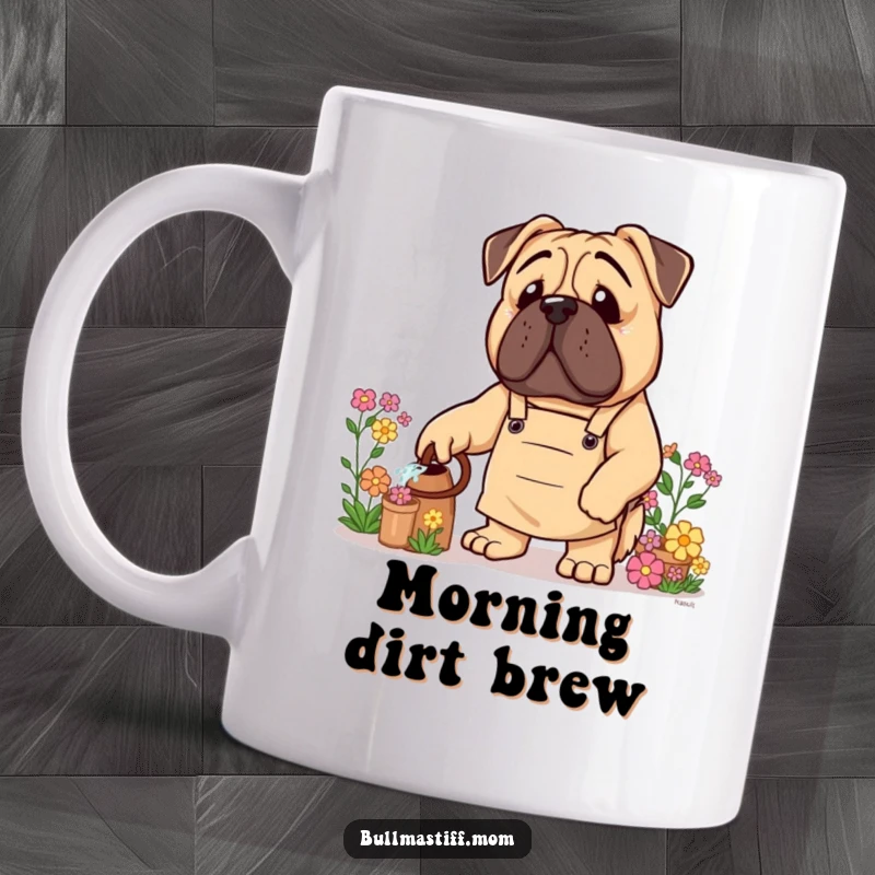 Funny Bullmastiff Mug: A Bullmastiff dog wearing a gardening apron happily waters flowers.