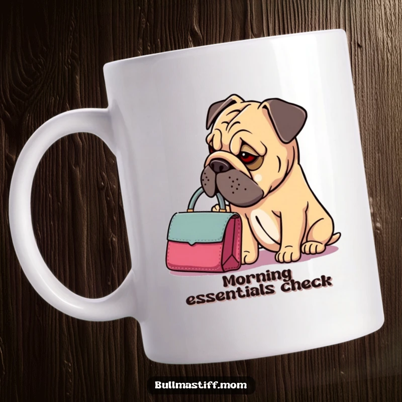 Funny Bullmastiff Handbag Mug: A Bullmastiff carries a dainty handbag and peers inside with a thoughtful, humorous expression.