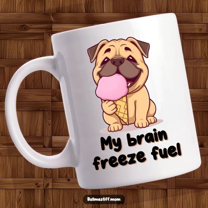 Funny Bullmastiff mug featuring a dog with a playful grin licking a giant ice cream cone, pure joy.