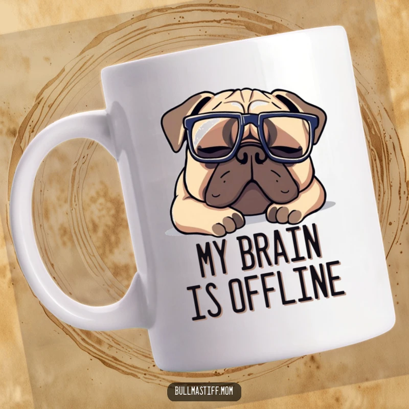 Funny Bullmastiff mug with oversized glasses, contentedly napping and embodying ultimate relaxation and cozy vibes.