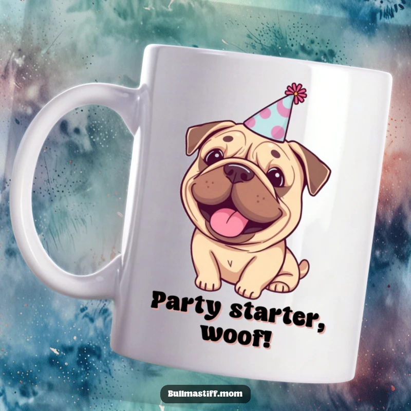 Funny Bullmastiff mug with a dog wearing a happy expression and a tiny party hat, ready for a celebration.